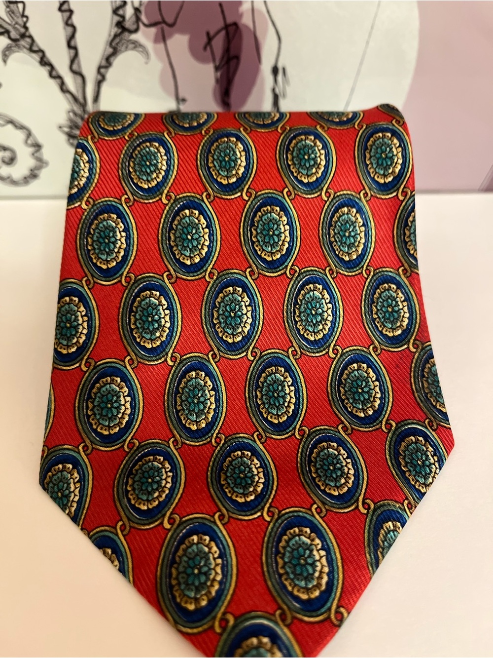 Vintage Burberrys of London  Silk Tie - Red with Navy, Teal & Gold Medallion